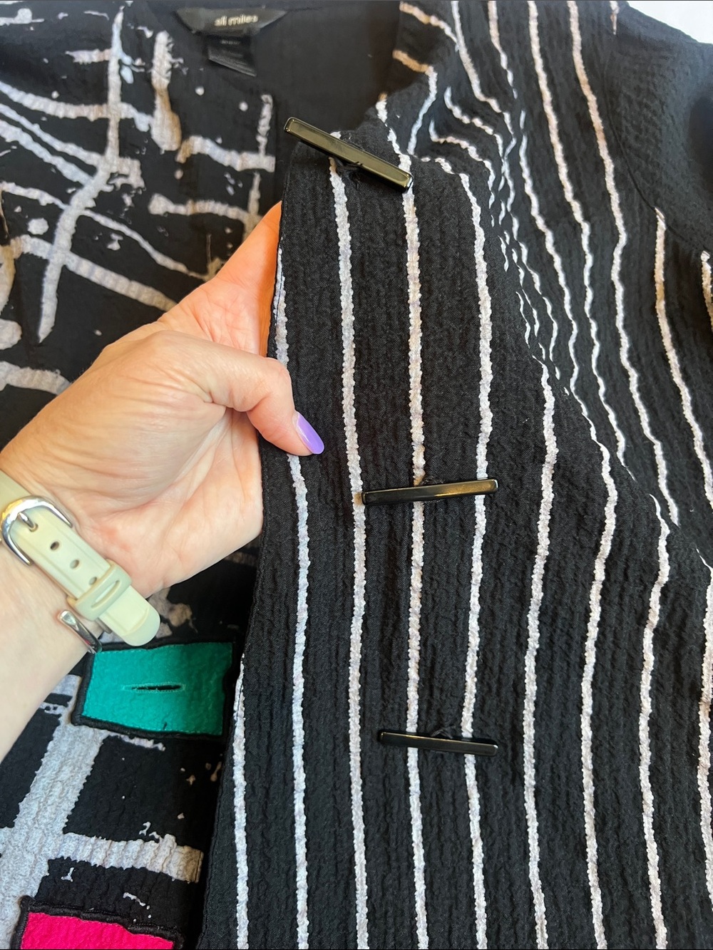 Ali Miles Artsy Black Patterned Button Top with Color Accents Maximalist Indie - Picture 10 of 10